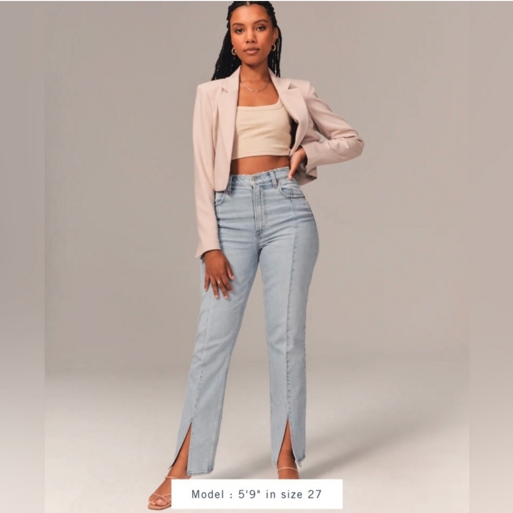 Abercrombie High-Rise Light Wash Split-Hem Jeans - Light Blue